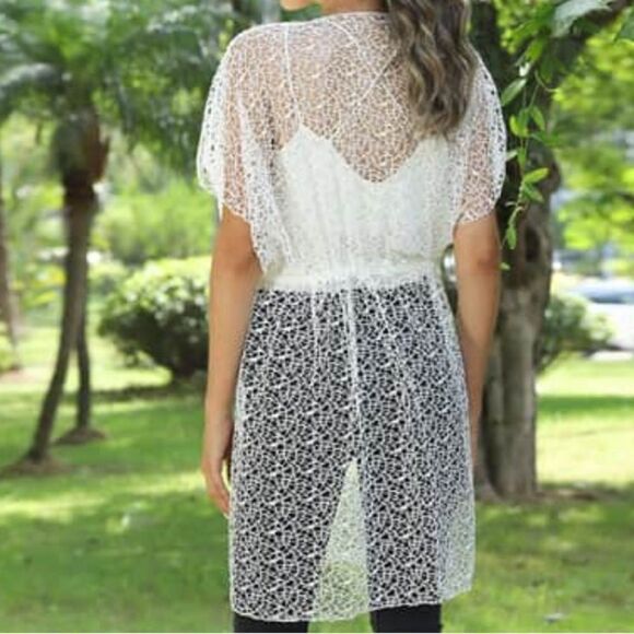 Jovie White Micro Lace Kimono Swimsuit Cover up with Drawstring Waist - Picture 7 of 9